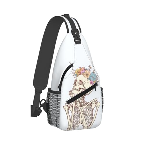 Sling Bag Skeleton Flower Skull Hiking Daypack Crossbody Shoulder Backpack Travel Chest Pack for Men Women (B0154)