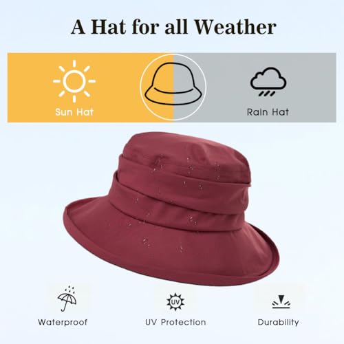 Women's Waterproof UPF 50+ Wide Brim Packable Rain Hat (737_red / Medium)