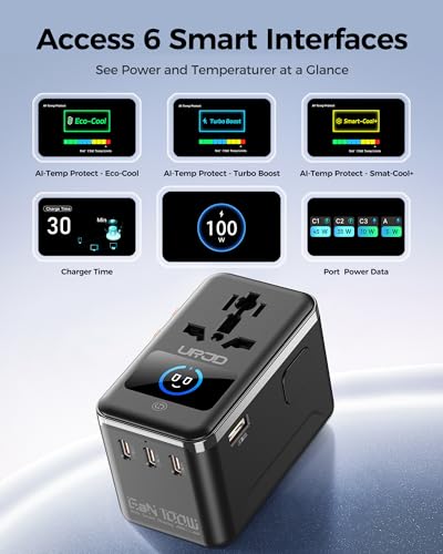 GaN 100W Universal Travel Adapter with Smart Display & 4 USB C (GaN100W with Smart Display-Black)
