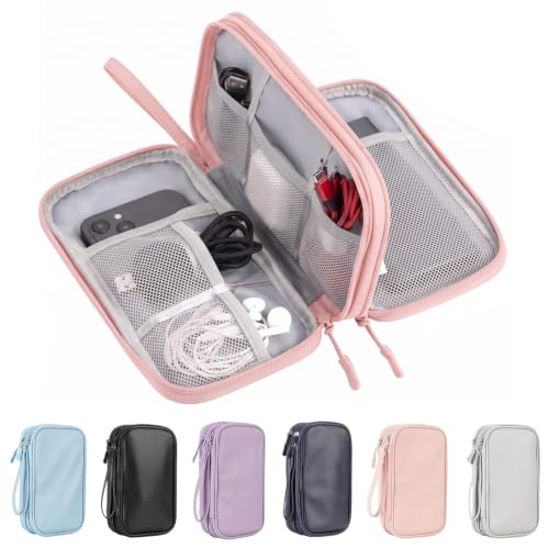 PU Leather Cable Organizer Double Layer Travel Pouch (Pink / M)