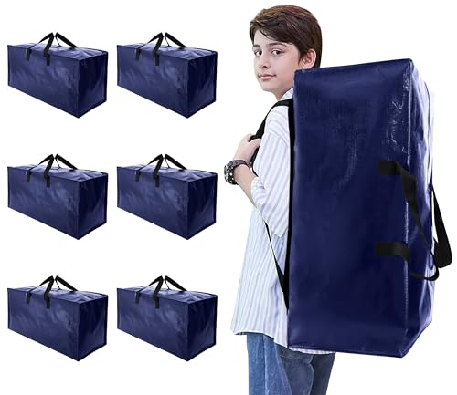 Heavy Duty Moving Bags with Backpack Straps and Strong Handles (Blue / 93 L - 6 pcs - Backpack)