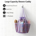 Mesh Shower Caddy Portable with Drawstring (Purple Grid)