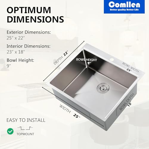25 x 22 Inch Drop In Kitchen Sink (Brushed Nickel / 25" x 22" x 9")