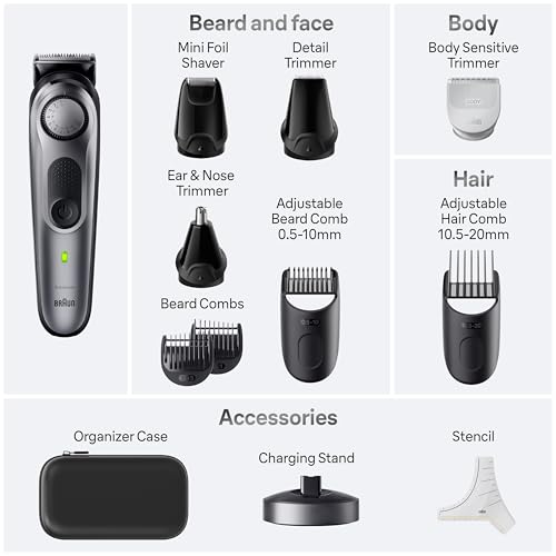 All-in-One Style Kit Series 7 7410, 8-in-1 Trimmer for Men with Beard Trimmer, Body Trimmer for Manscaping, Hair Clippers & More, Sharpest Blade, 40 Length Settings, Waterproof (Silver / 9 Piece Set)