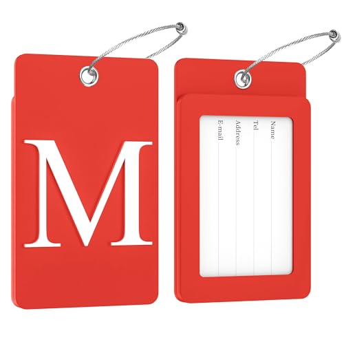 2 Pack Initial Luggage Tags for Suitcases Airplane Travel Essentials (Large M / Red)