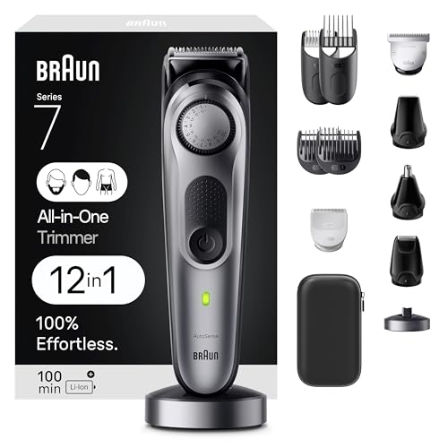 All-in-One Men's Shaving Kit Series 7 7440, 12-in-1 Beard, Face, Nose, Ear Trimmer, Hair Clippers, Body Groomer and Manscaping + Travel Case + Charging Stand (Silver / 13 Piece Set)