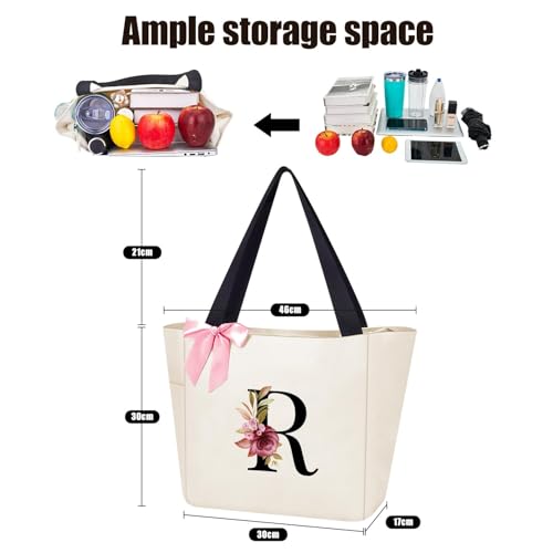 Tote Bag, A-Z Initial Monogrammed Waterproof Tote Bag, Bridesmaid Gifts for Women, Black and Pink (R, Beige) (Beige)