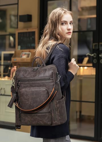 Vegan Leather Laptop Backpack for Women 15.6 inch Work Backpack Fashion Travel Backpack Purse for Business College (Nubuck Coffee)