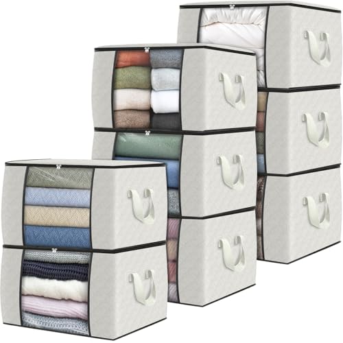 8 Pack Storage Bags for Clothes Blanket Storage Bins with Lids (8 Pack-60l / Ivory)