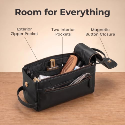 Genuine Leather Toiletry Travel Bag For Men & Women (Distressed Black / 10"X5")