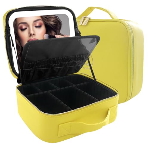 Travel Makeup Bag Cosmetic Bag Makeup Organizer Bag with Lighted Mirror (Yellow / Small)