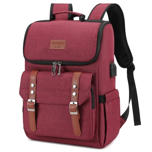 Vintage Backpack Travel Laptop Backpack with usb Charging Port for Women & Men College Backpack Fits 15.6 Inch Laptop Red Brown (Red&brown)