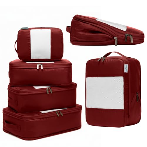 6 Pack Large Compression Packing Cubes for Travel (Burgundy 1 / 6 Pack)