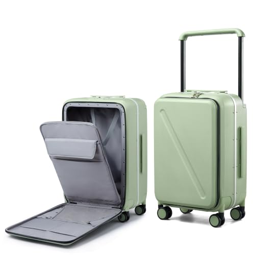Wide Handle Luggage with Front Pocket Hardshell Aluminium Check In Suitcase with Wheels Medium 24 Inch Front Opening Checked Luggage with Spinner Wheels TSA Approved Luggage (Checked Medium 24 Inch / Bamboo Green)