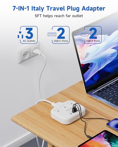 Italy Travel Plug Adapter with 3FT Extension Cord (Type L-Italy Chile)