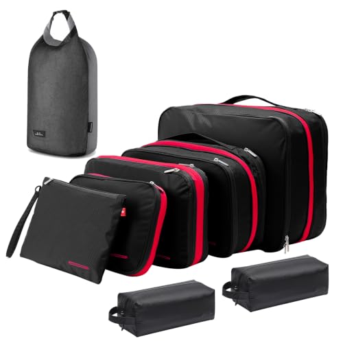 Waterproof Compression Packing Cubes 8 sets (Grey Red / 8-Piece Set)