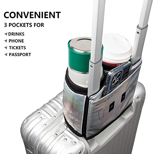 Luggage Travel Cup Holder Free Hand Drink Carrier (Hook & Loop: Glitter Silver)