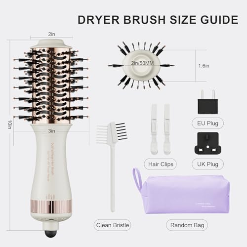 4-in-1 Travel Dual Voltage Hair Dryer Brush 110-240V Blow Dryer Brush (50mm Oval / White & Rose Gold)