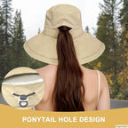 Sun Hats for Women Wide Brim Ponytail UV Protection Beach Hat Packable Waterproof Bucket Hat for Travel Hiking Gardening (Khaki)