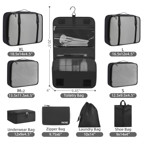 10 Set Packing Cubes Various Sizes Packing Organizer for Travel Accessories Luggage Carry On Suitcase (10-Black / 10 Set-full Mesh)