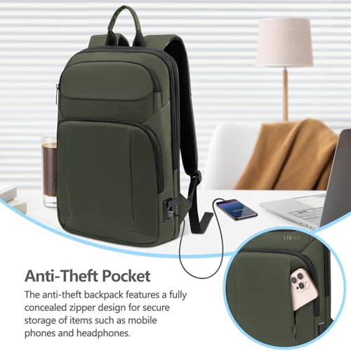 Backpack for Men Slim & Expandable Travel Laptop Backpack with USB Charging Port Water Resistant Anti (Olive Green / 17.3”)