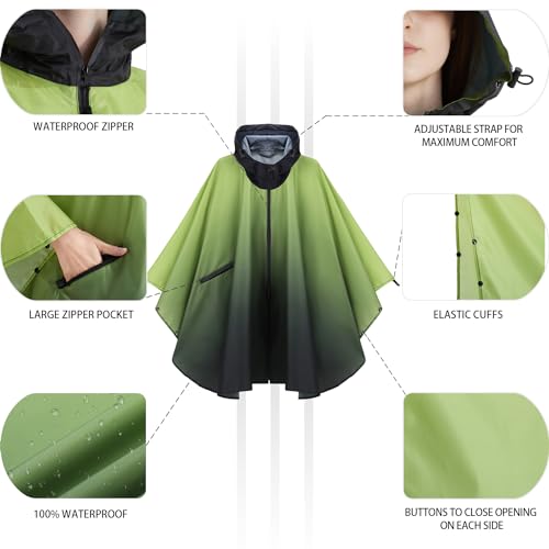Rain Poncho Jacket Coat Hooded Zipper Style for Women (One Size / Gradient Green)