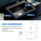 25 Inch Drop In Kitchen Sink (L 25"×W 18"×H 9" / Black)