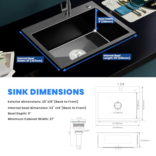 25 Inch Drop In Kitchen Sink (L 25"×W 18"×H 9" / Black)