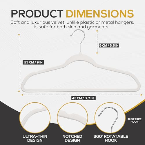 Premium Velvet Hangers 50 Pack Ultra Thin Non Slip Adult Felt Space Saving Slim Suit Hanger for Closet Heavy Duty Coat Pants Jackets Dress Hangers 360° Swivel Hook Hold Upto 10 lbs White (White / 50 Pack)