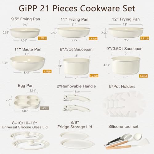 21PCS Pots and Pans Set Nonstick Cookware Set with Detachable Handle (Cream White / 21PCS-Big Size)