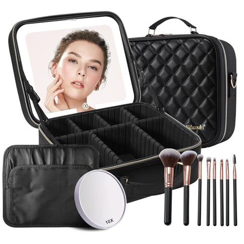 Travel Makeup Bag with LED Lighted Mirror (Black Lozenge With Brushes)