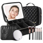 Travel Makeup Bag with LED Lighted Mirror (Black Lozenge With Brushes)