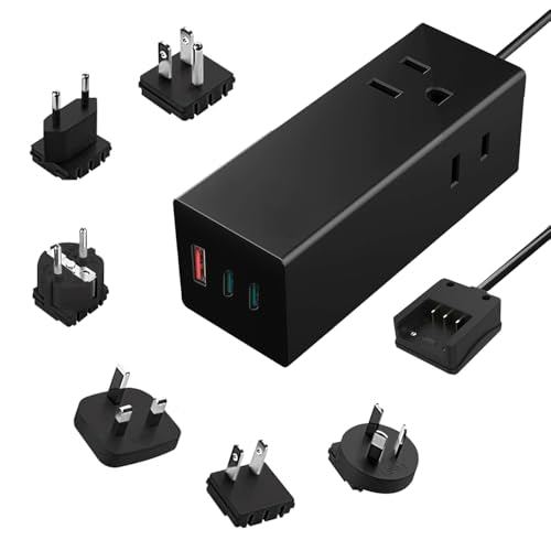 65W World Travel Adapter 3 USB Ports PD 3.0 Ultra Compact Charger 2 US Outlets [GaN Tech] (Black)
