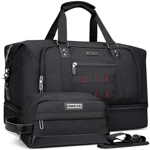 Nylon Duffle Bag for Men 50L with Toiletry Bag Sets Overnight Bag (Black)