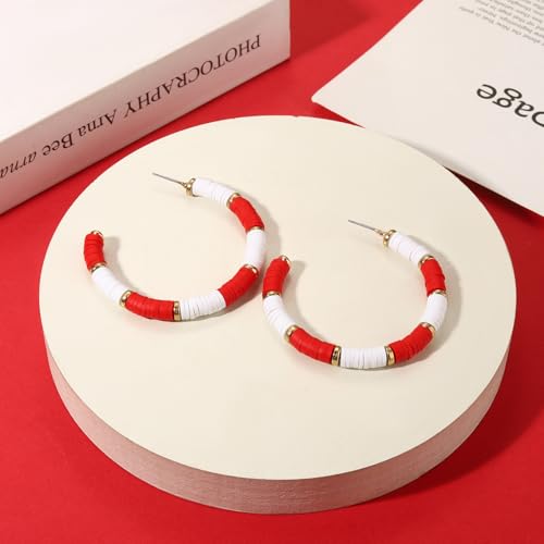 Game Day Earrings Football Baseball Earrings for Women Sports Team Heishi Hoop Earring Football Accessories Outfits Cheer Mom Essentials Fall Sports Must Haves Cheer Gifts (Red White)