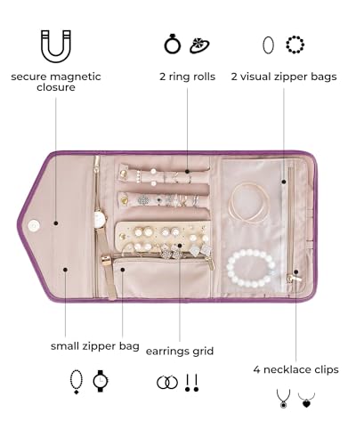 Travel Jewelry Organizer Roll Foldable Jewelry Case (Medium / Purple)