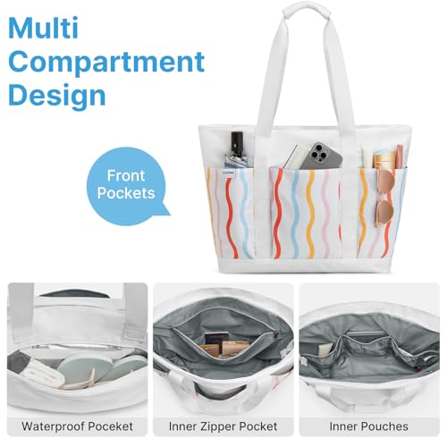 Beach Bag Waterproof Beach Tote Pool Bags for Women (Rainbow Wavy / 50L)