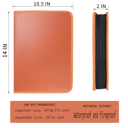 Zippered Key Organizer Case Waterproof and Fireproof Key Binder with 60 Hooks and Tags Portable Key Storage (60 / Brown)