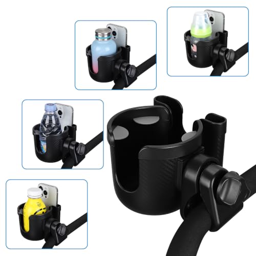 Stroller Cup Holder with Phone Holder (All Black Carbon Fiber Texture)
