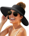 Womens Sun Hat with Ponytail Hole Wide Brim Beach Straw Visor Black (Medium / Black)