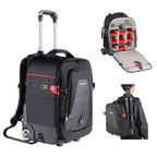 2-in-1 Rolling Camera Backpack Trolley Case - Anti-shock Detachable Padded Compartment, Hidden Pull Bar, Durable, Waterproof for Camera,Tripod,Flash Light,Lens,Laptop for Air Travelling(Black) (Nw-da410t)