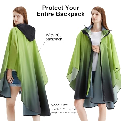 Rain Poncho Jacket Coat Hooded Zipper Style for Women (One Size / Gradient Green)