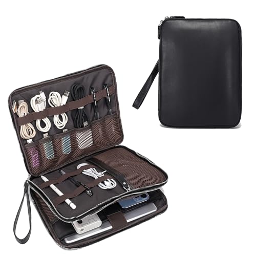 Full Grain Leather Travel Cable Accessories Bag (Black)