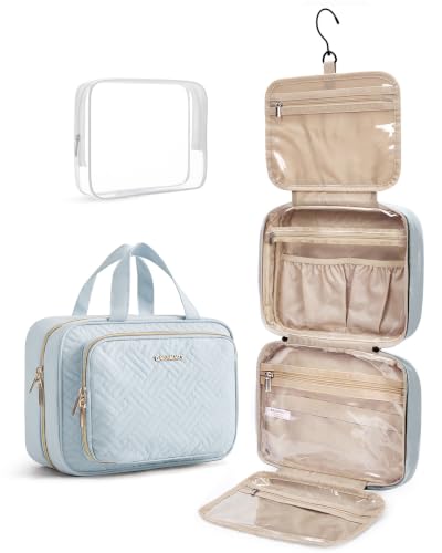 Toiletry Bag Hanging Travel Makeup Organizer with TSA Approved Transparent Cosmetic Bag Makeup Bag for Full Sized Toiletries (Light Blue / Large)