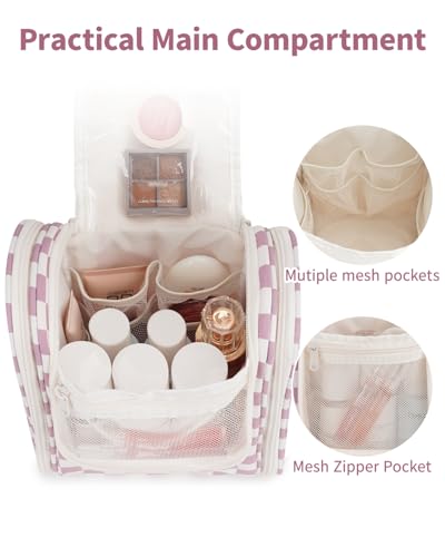Hanging Travel Toiletry Bag for Women (C-Dusty Rose Checkerboard / Medium)