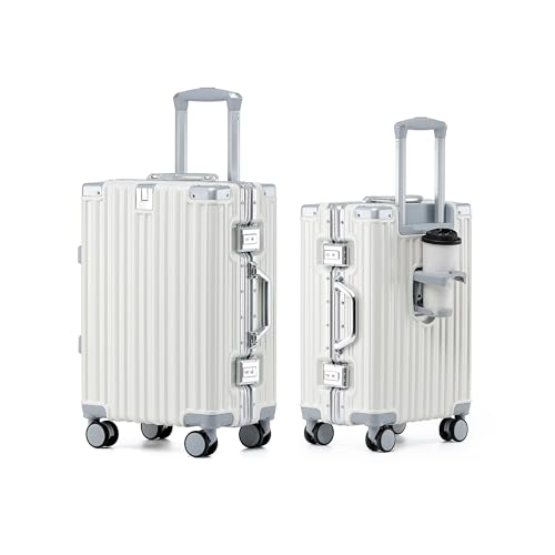 26 Inch Checked Zipperless Luggage with Cup Holder (White (PC+Aluminum) / Checked in 26inch)