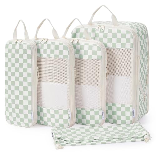 Compression Packing Cubes for Women Kids (AB-Mint Green Checkerboard / 5 Set)