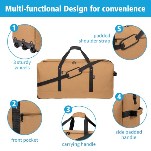 120L Foldable Rolling Duffel Bag with 3 Wheels (Large / Khaki)