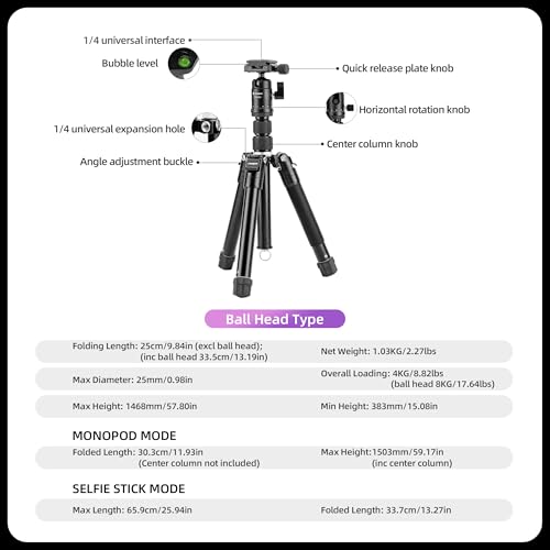 Mini Tripod for Camera 58 Inch Compact Travel Tripod with Selfie Stick Mount (FY830 Black)