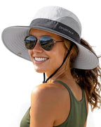 Womens Sun Hat with Ponytail Hole Beach Hiking Summer Wide Brim UPF 50+ Outdoor Protection Foldable Bucket Hat Grey (Grey)